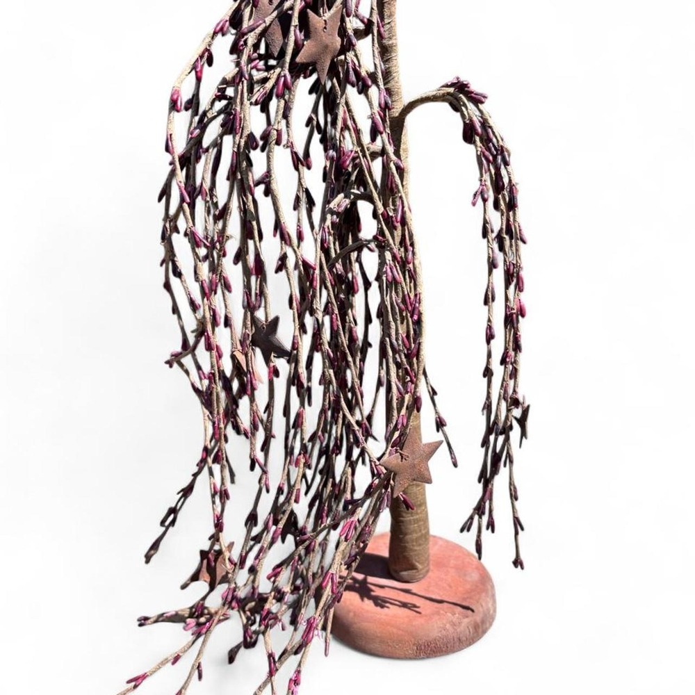 Primitive Country Weeping Willow Tree Tabletop Decor Burgundy Pip Berries Stars